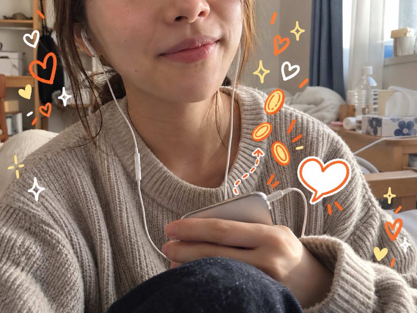 イヤホンで話す女性。顔は写っていない